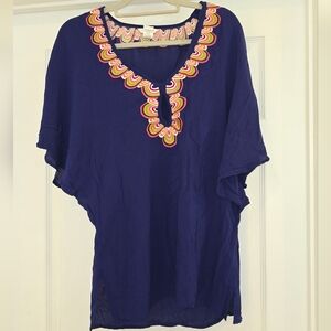 Trina Turk Navy Blue Swim Coverup with Multicolor Embroidered Neckline